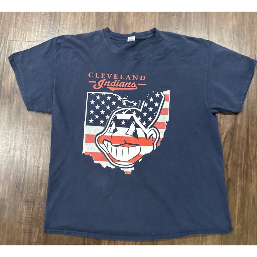 Vintage Cleveland Indians Chief Wahoo Ohio State Flag Map T-Shirt Blue Size L